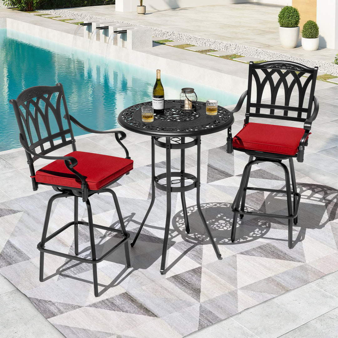 3PCS Cast Aluminum Outdoor Swivel Bar Set with Umbrella Hole, Olefin Cushions