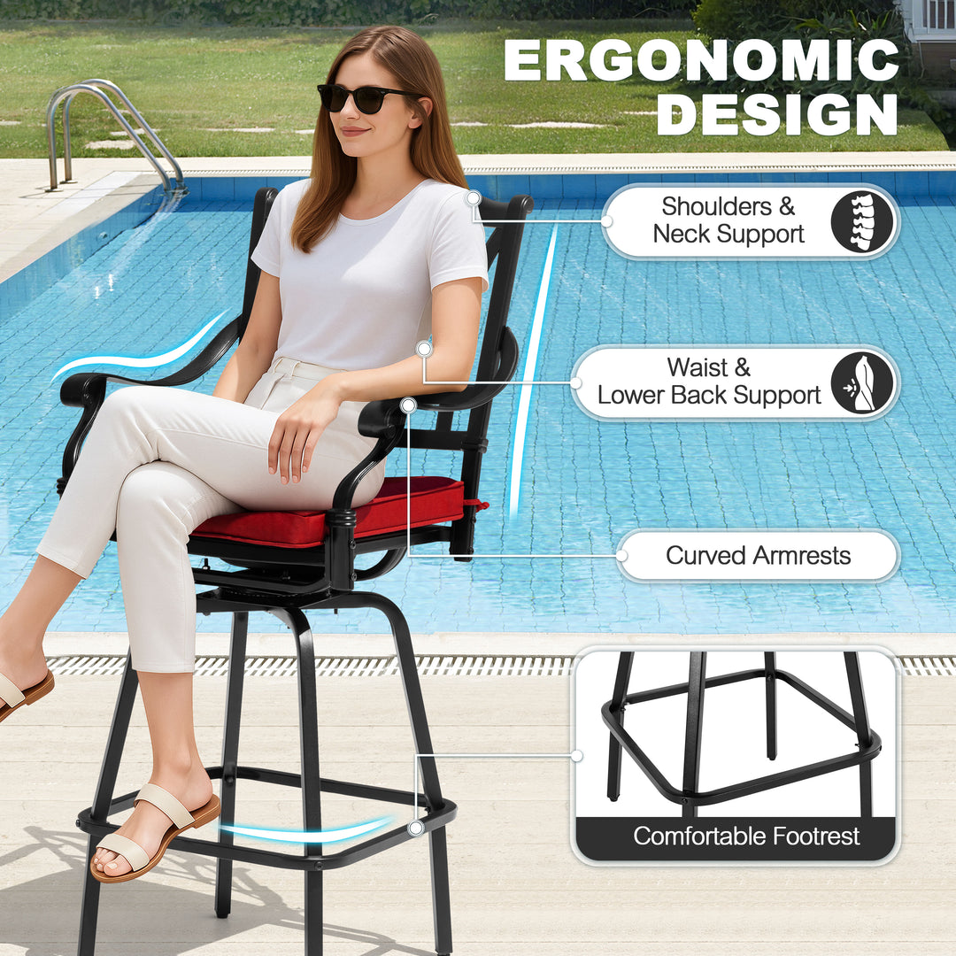 3PCS Cast Aluminum Outdoor Swivel Bar Set with Umbrella Hole, Olefin Cushions