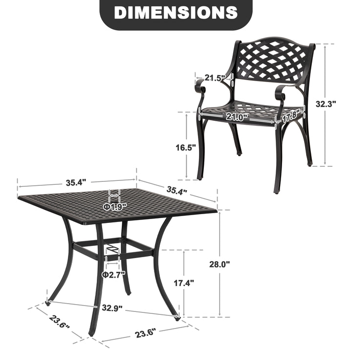 5-Piece Cast Aluminum Patio Dining Set with Umbrella Hole and Wide Seat