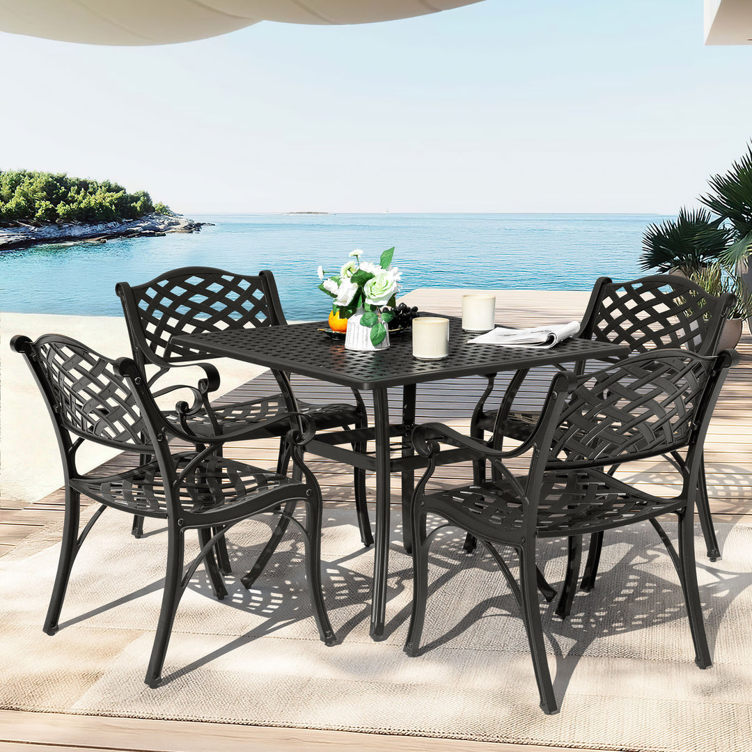 5-Piece Cast Aluminum Patio Dining Set with Umbrella Hole and Wide Seat
