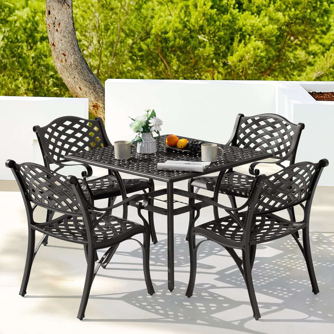 5-Piece Cast Aluminum Patio Dining Set with Umbrella Hole and Wide Seat