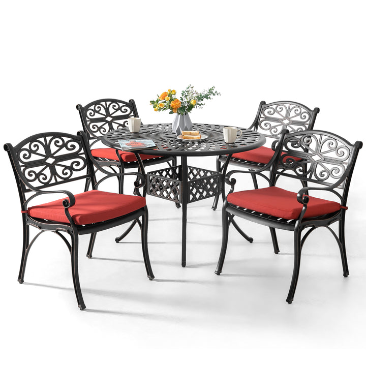 5 Pieces Outdoor Patio Cast Aluminum Dining Set with Cushions, Outdoor Conversation Furniture Set, 4 Dining Chairs, 42’’ Round Bistro Table with Umbrella Hole