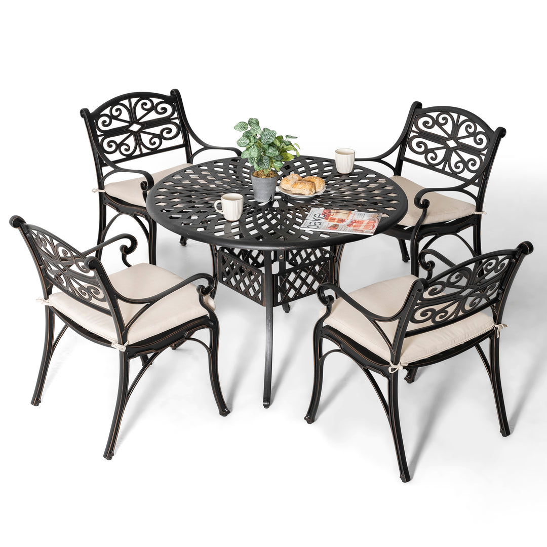 5 Pieces Outdoor Patio Cast Aluminum Dining Set with Cushions, Outdoor Conversation Furniture Set, 4 Dining Chairs, 42’’ Round Bistro Table with Umbrella Hole