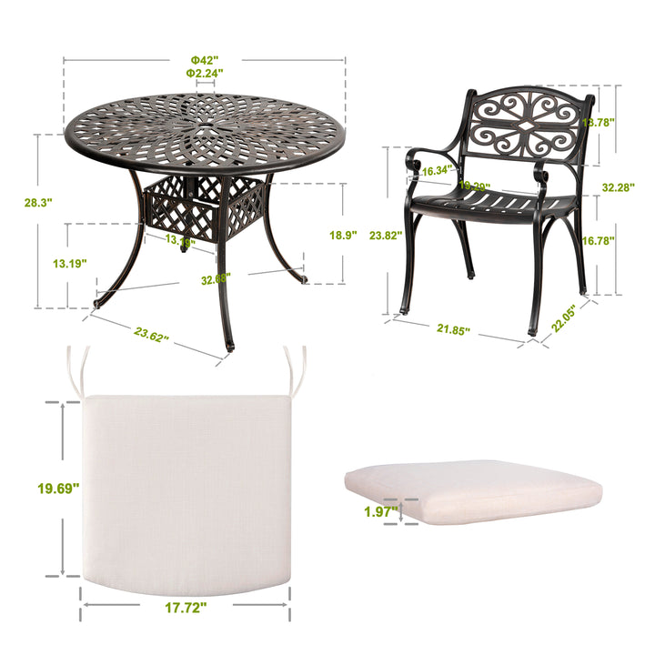 5 Pieces Outdoor Patio Cast Aluminum Dining Set with Cushions, Outdoor Conversation Furniture Set, 4 Dining Chairs, 42’’ Round Bistro Table with Umbrella Hole