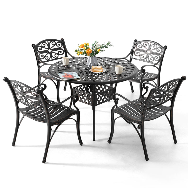 5 Pieces Outdoor Patio Cast Aluminum Dining Set with Cushions, Outdoor Conversation Furniture Set, 4 Dining Chairs, 42’’ Round Bistro Table with Umbrella Hole