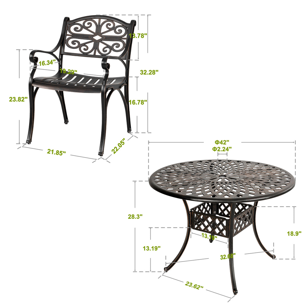 5 Pieces Outdoor Patio Cast Aluminum Dining Set with Cushions, Outdoor Conversation Furniture Set, 4 Dining Chairs, 42’’ Round Bistro Table with Umbrella Hole