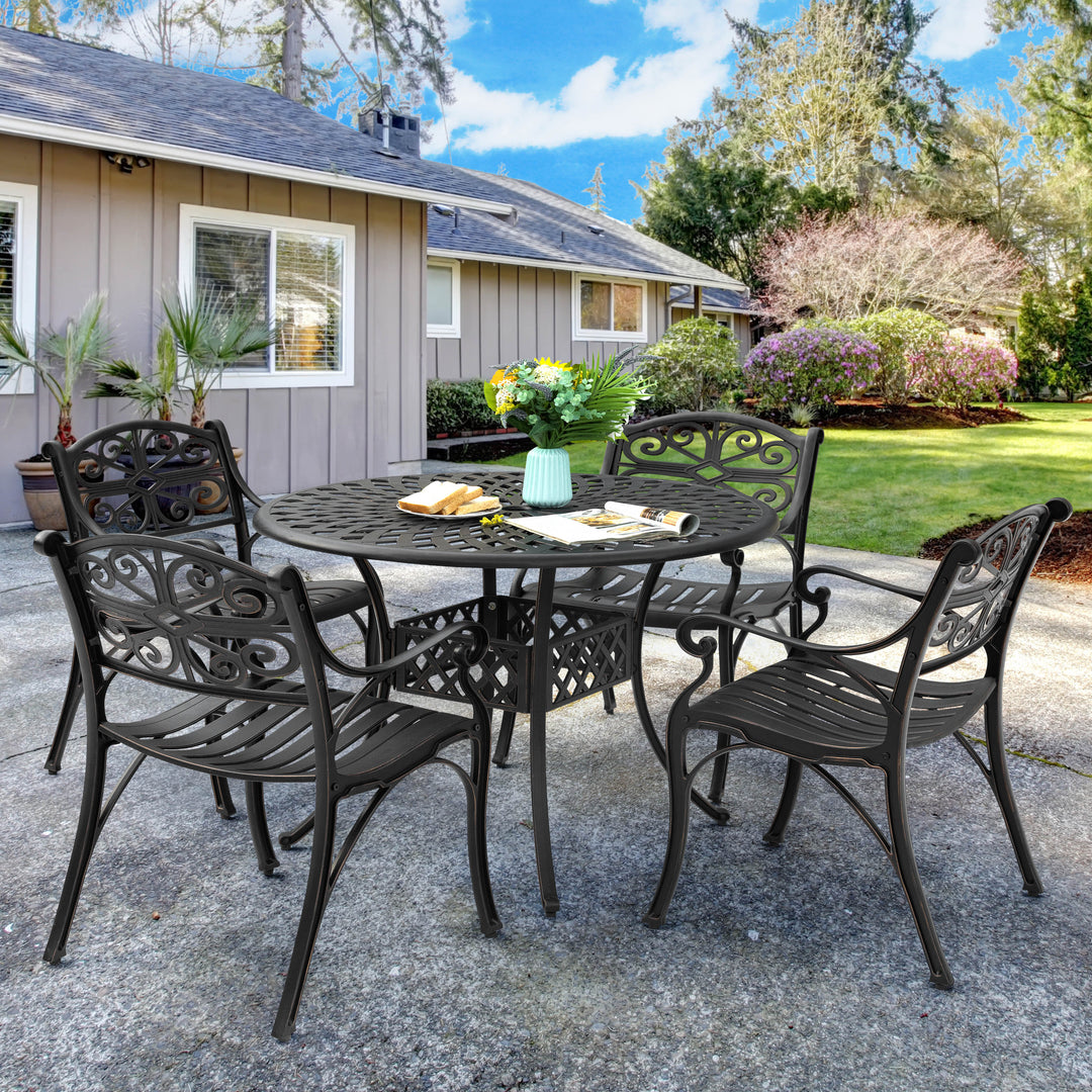 5 Pieces Outdoor Patio Cast Aluminum Dining Set with Cushions, Outdoor Conversation Furniture Set, 4 Dining Chairs, 42’’ Round Bistro Table with Umbrella Hole