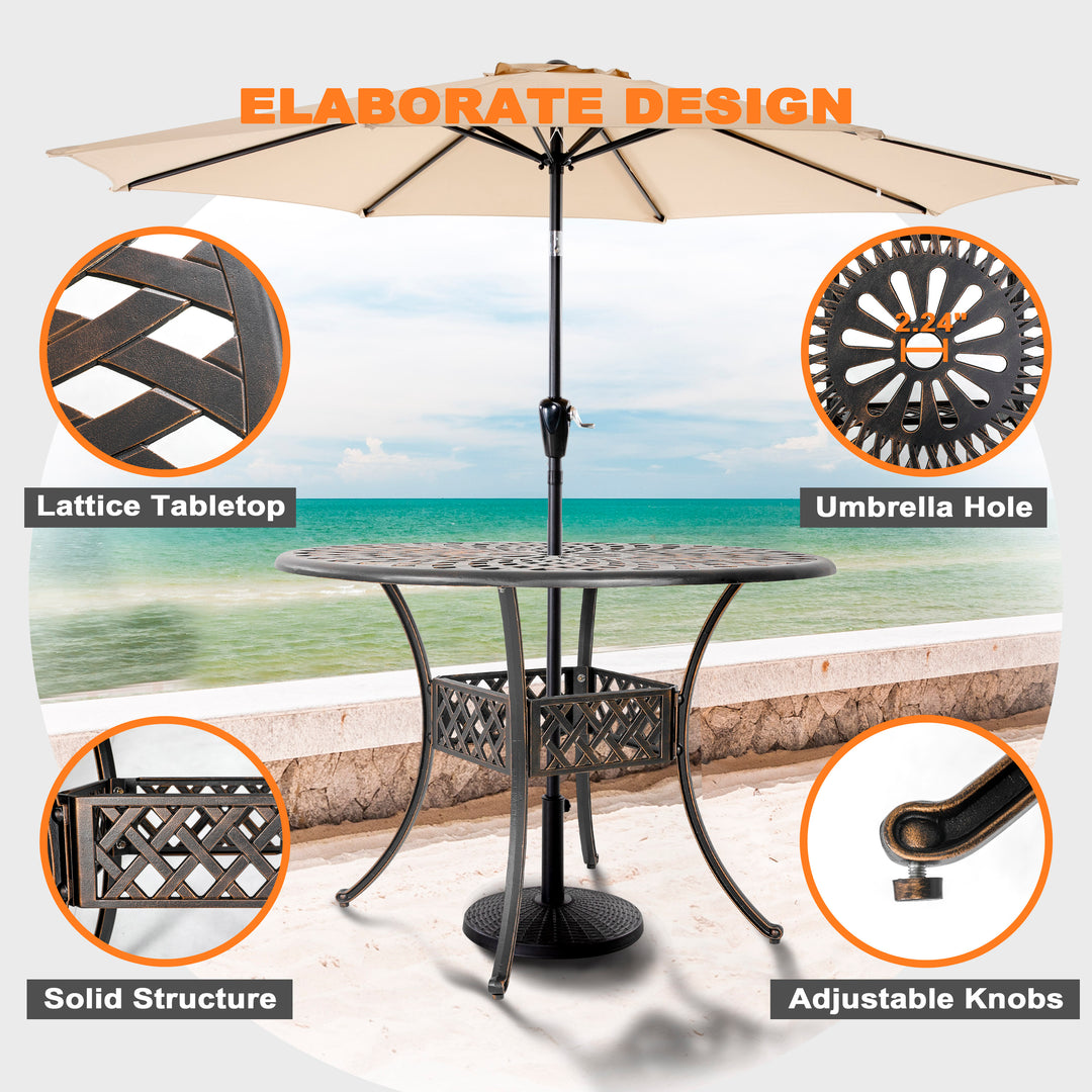 5 Pieces Outdoor Patio Cast Aluminum Dining Set with Cushions, Outdoor Conversation Furniture Set, 4 Dining Chairs, 42’’ Round Bistro Table with Umbrella Hole