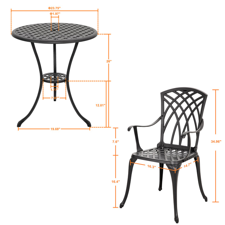 3-Piece Outdoor Patio Bistro Set, Round 24 Inch Cast Aluminum Bistro Table with 1.97" Umbrella Hole and 2 Cast Aluminum Bistro Chairs, for Patio, Garden, Backyard and Balcony, Black