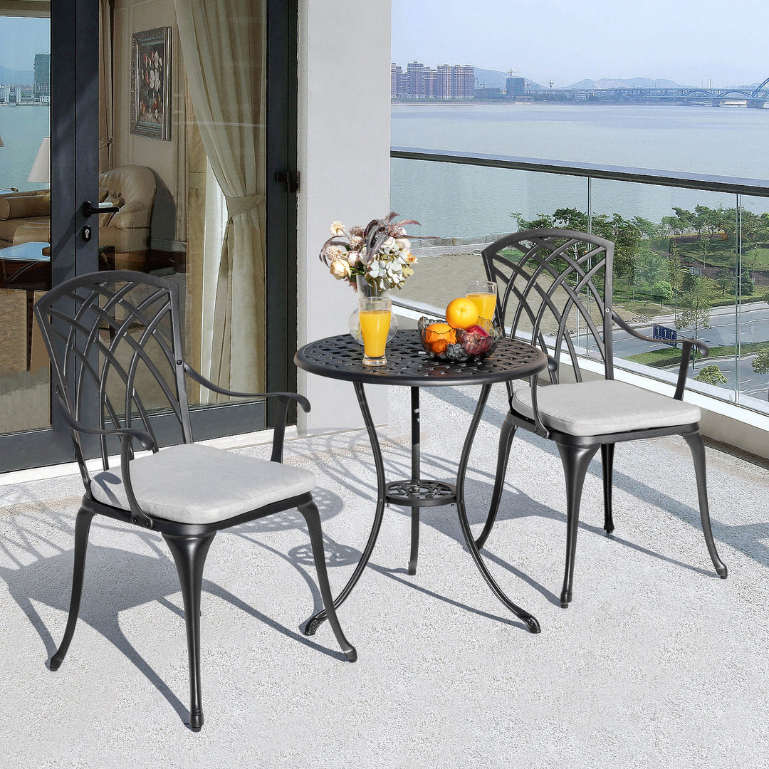 24 inch patio table with umbrella hole Nuu Garden 3 pc. Cast-Aluminum Patio Bistro Table Set with Grey Cushions