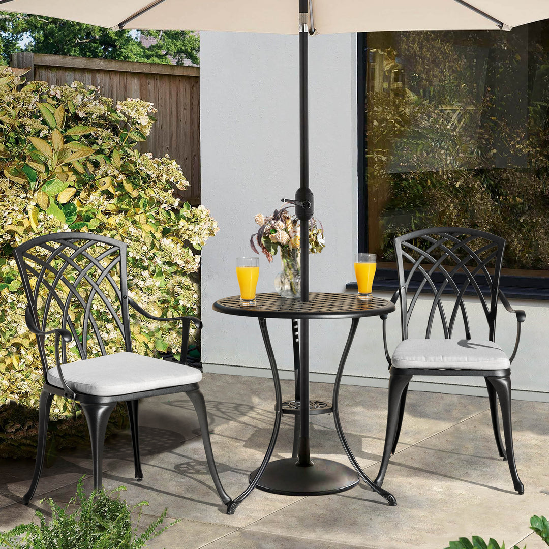 24 inch patio table with umbrella hole Nuu Garden 3 pc. Cast-Aluminum Patio Bistro Table Set with Grey Cushions