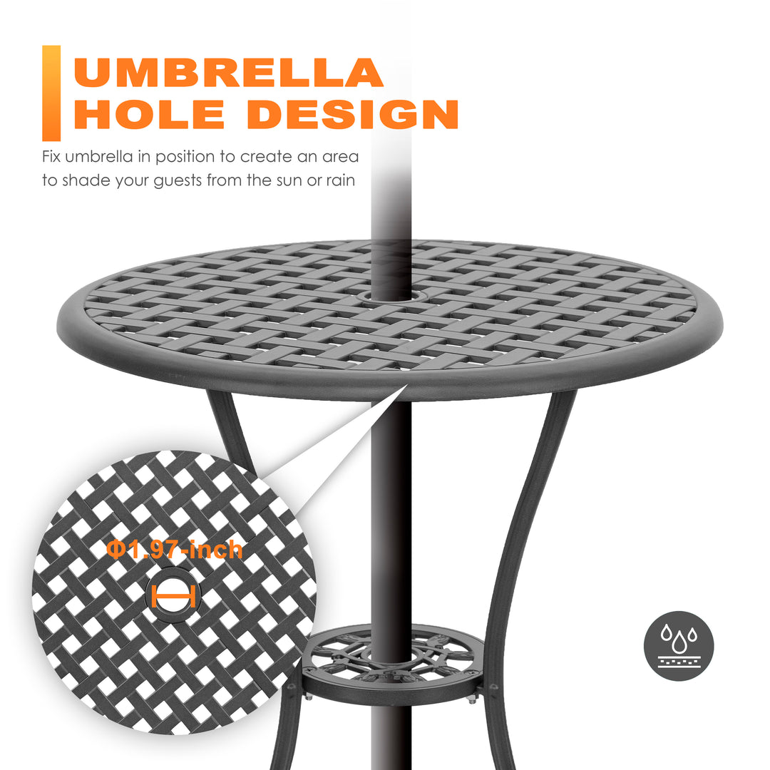 24 inch patio table with umbrella hole Nuu Garden 3 pc. Cast-Aluminum Patio Bistro Table Set with Grey Cushions