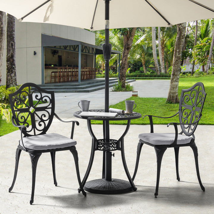 Outdoor 3-Piece Bistro Set with Cushions, Round 24 Inch Cast Aluminum Bistro Table with 2.17" Umbrella Hole, 2 Cast Aluminum Bistro Chairs, for Patio, Garden, Backyard and Balcony, Black