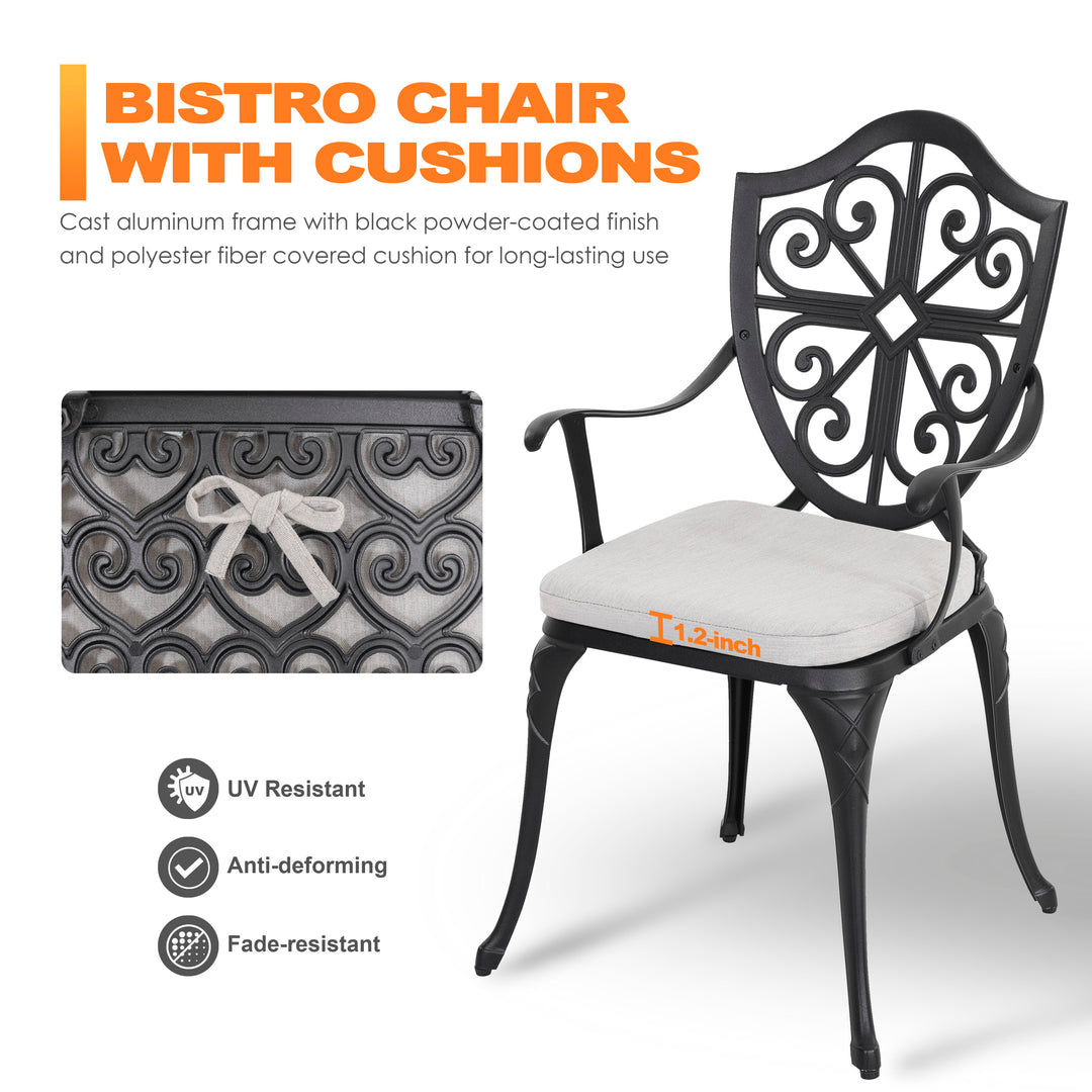 Outdoor 3-Piece Bistro Set with Cushions, Round 24 Inch Cast Aluminum Bistro Table with 2.17" Umbrella Hole, 2 Cast Aluminum Bistro Chairs, for Patio, Garden, Backyard and Balcony, Black