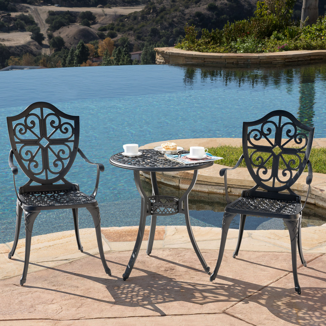 3 Piece Outdoor Bistro Set, Round Cast Aluminum Bistro Table with Umbrella Hole