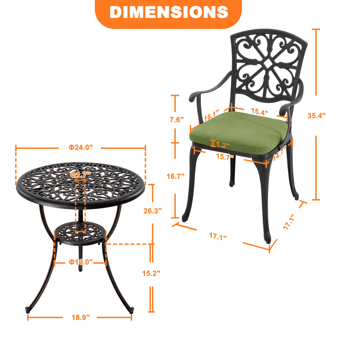 Outdoor 3-Piece Cast Aluminum Patio Set with Cushions and Umbrella Hole