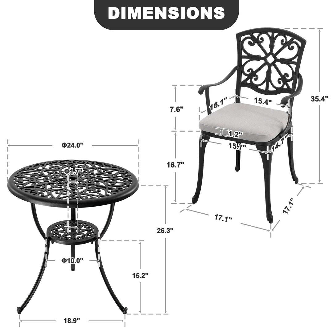 3-Piece Outdoor Bistro Set with Zippered Cushions, Black and Gray