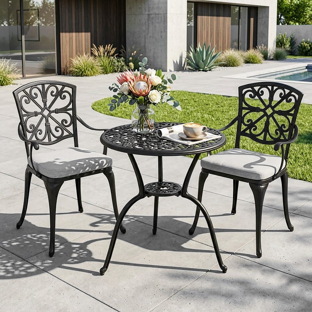 3-Piece Outdoor Bistro Set with Zippered Cushions, Black and Gray