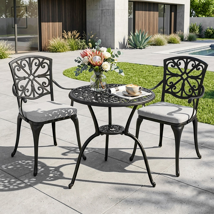 3-Piece Outdoor Bistro Set with Zippered Cushions, Black and Gray