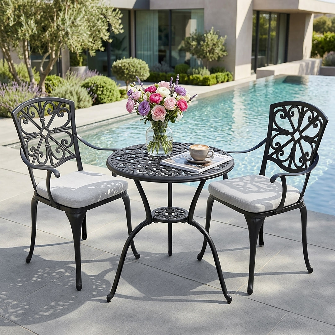 3-Piece Outdoor Bistro Set with Zippered Cushions, Black and Gray