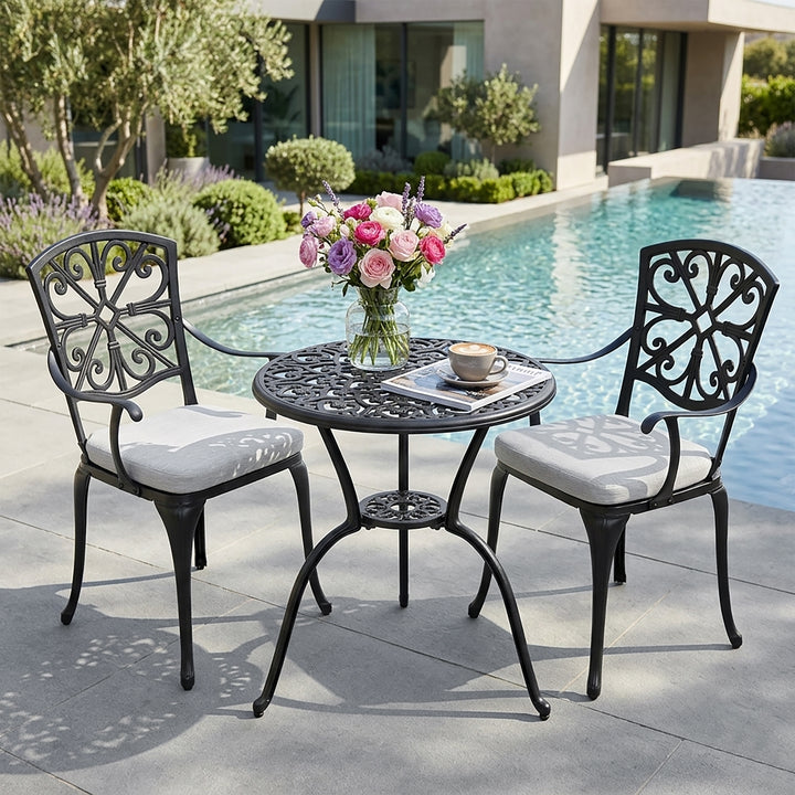 3-Piece Outdoor Bistro Set with Zippered Cushions, Black and Gray