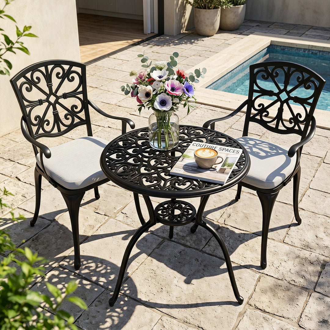 3-Piece Outdoor Bistro Set with Zippered Cushions, Black and Gray