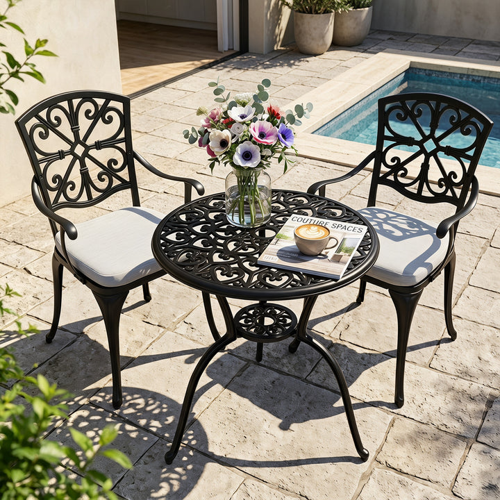 3-Piece Outdoor Bistro Set with Zippered Cushions, Black and Gray