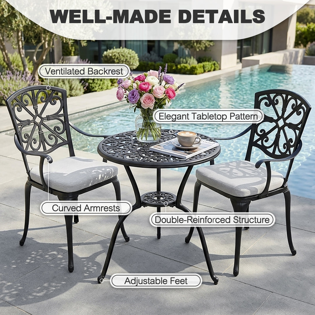 3-Piece Outdoor Bistro Set with Zippered Cushions, Black and Gray
