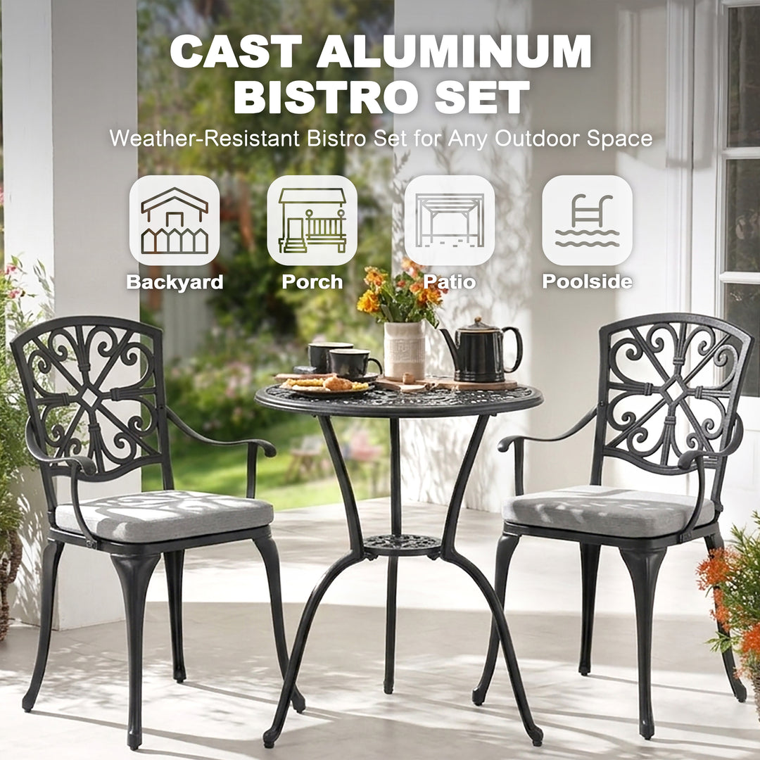 3-Piece Outdoor Bistro Set with Zippered Cushions, Black and Gray