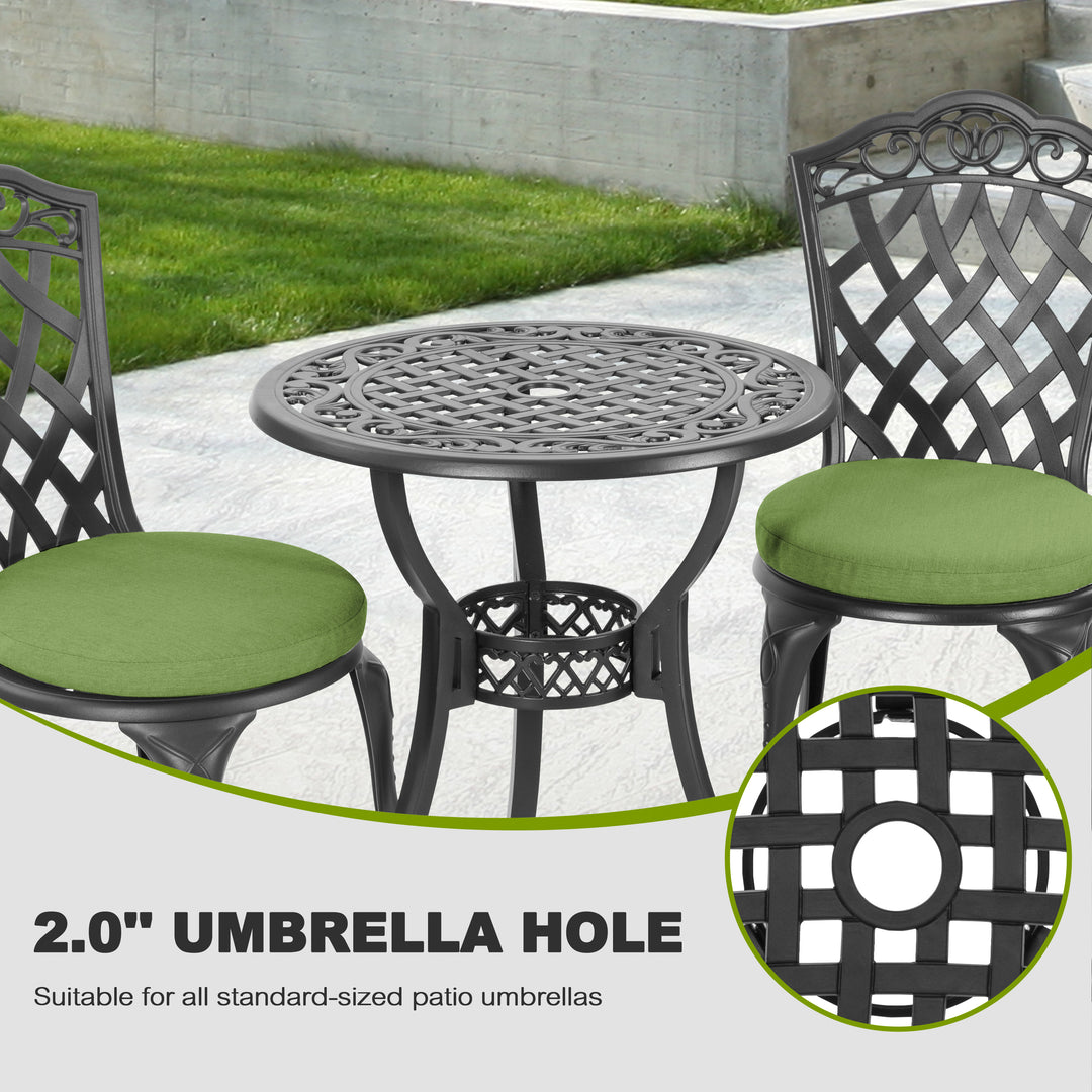 Patio 3-Piece Cast Aluminum Bistro Set with Cushions, Umbrella Hole