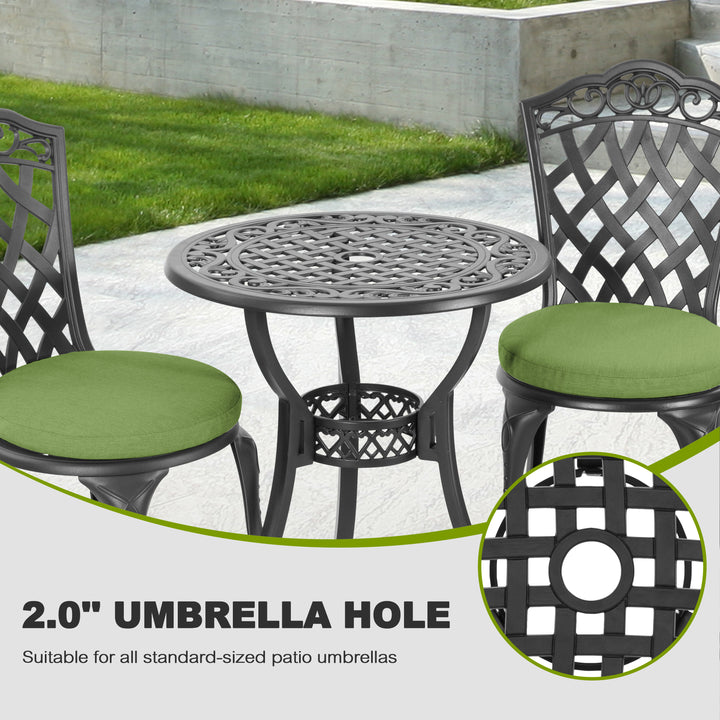 Patio 3-Piece Cast Aluminum Bistro Set with Cushions, Umbrella Hole