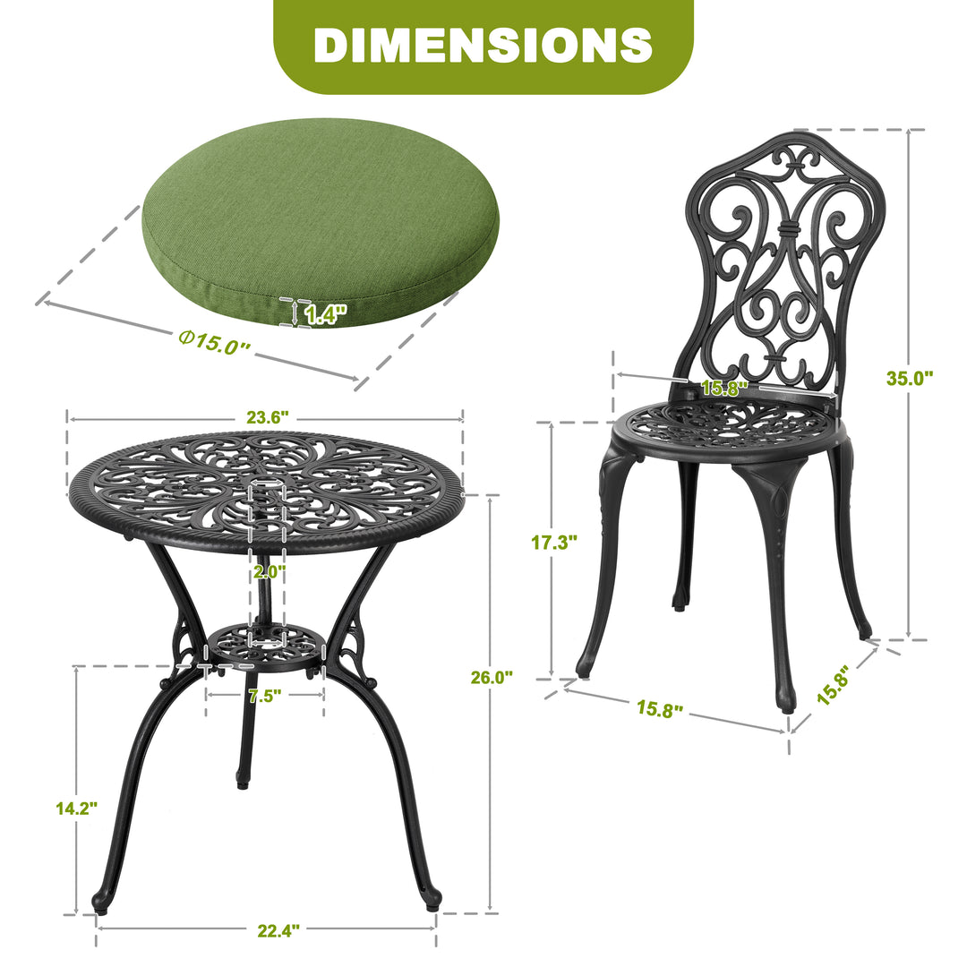 Patio 3-Piece Cast Aluminum Bistro Set with Cushions, Umbrella Hole