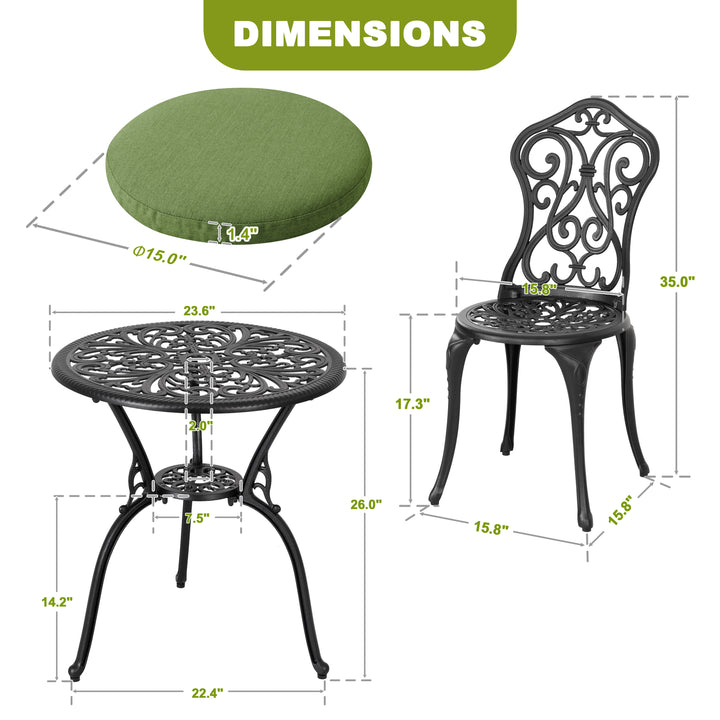 Patio 3-Piece Cast Aluminum Bistro Set with Cushions, Umbrella Hole
