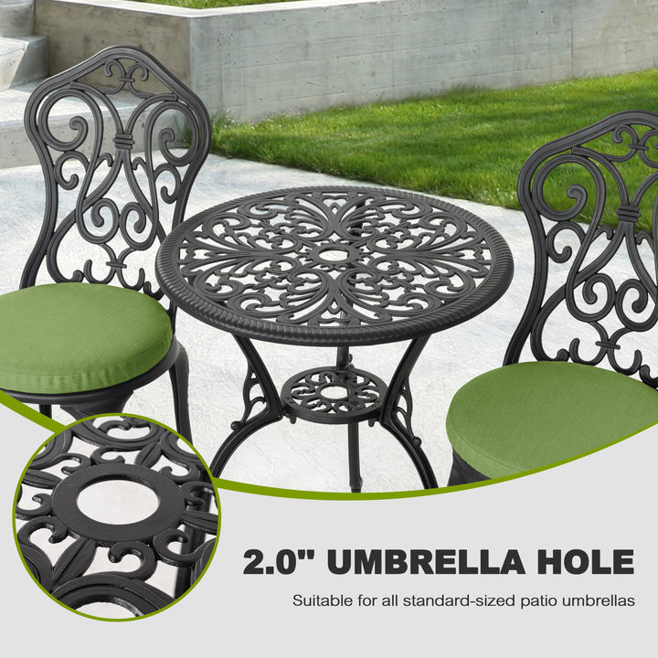 Patio 3-Piece Cast Aluminum Bistro Set with Cushions, Umbrella Hole