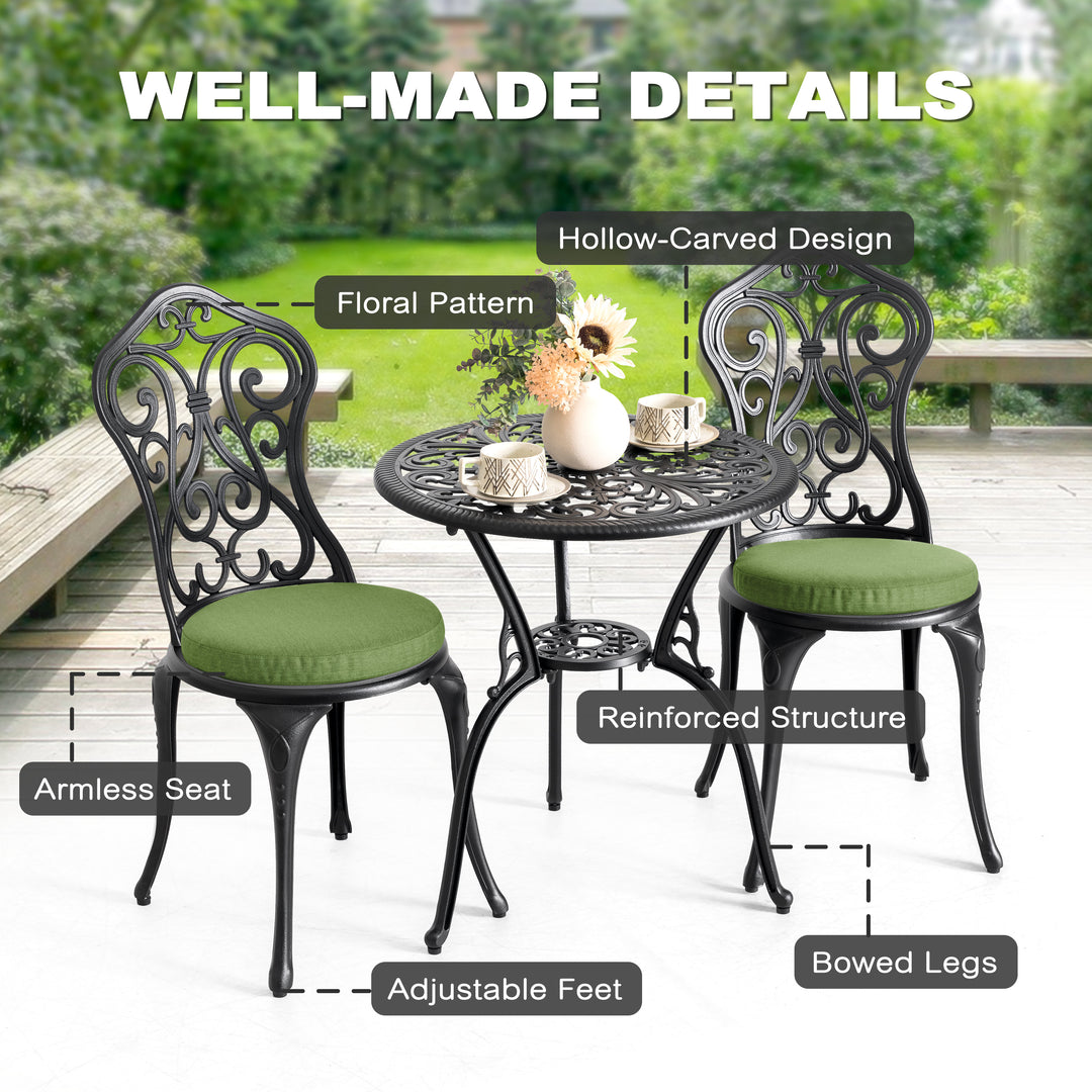 Patio 3-Piece Cast Aluminum Bistro Set with Cushions, Umbrella Hole