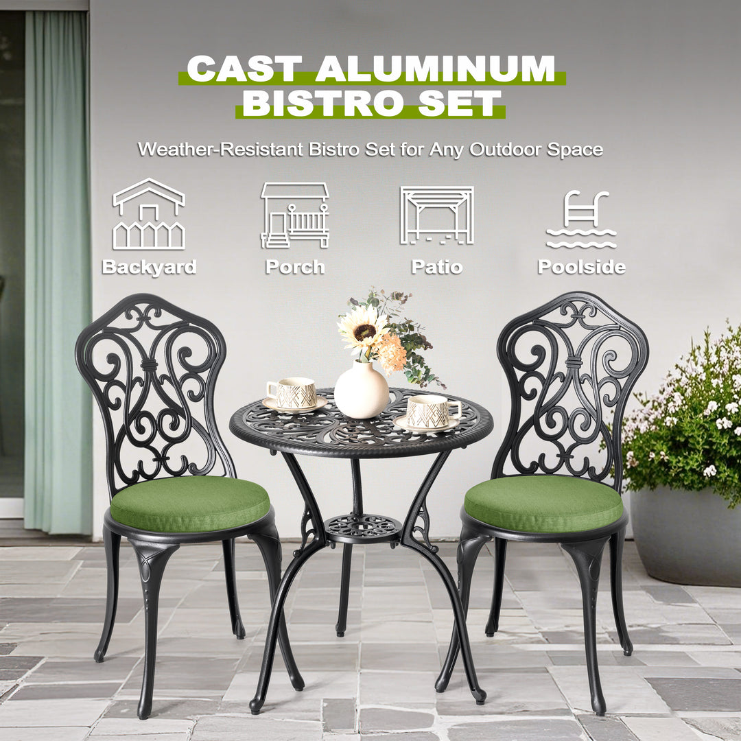 Patio 3-Piece Cast Aluminum Bistro Set with Cushions, Umbrella Hole