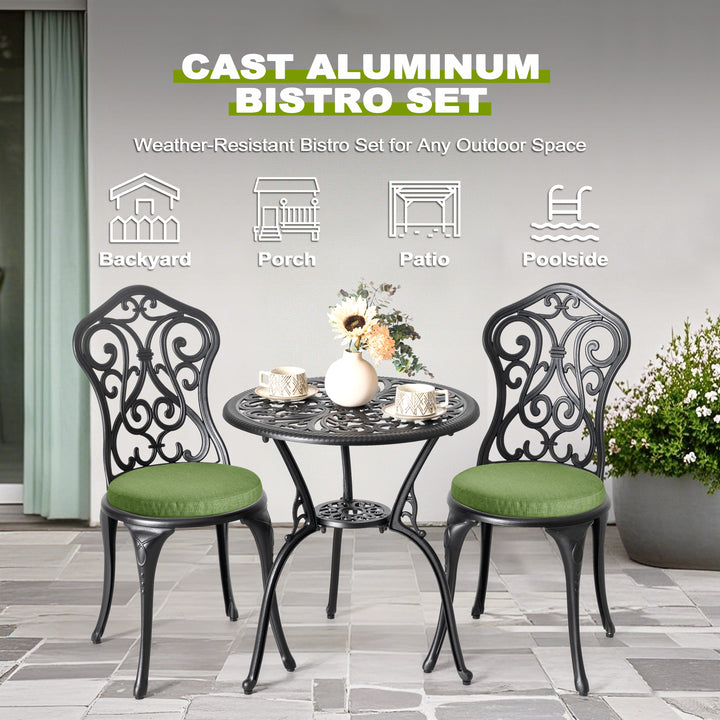Patio 3-Piece Cast Aluminum Bistro Set with Cushions, Umbrella Hole