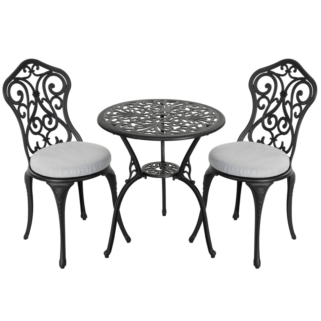 3 Pieces Patio Bistro Set with 1.4'' Thick Cushions, Outdoor Bistro Set with 2 Chairs, Round Table with Umbrella Hole, All-Weather Outdoor Patio Bistro Set for Garden, Lawn, Poolside, Porch, Black