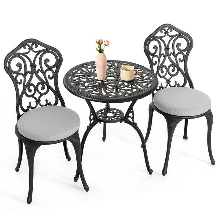 3 Pieces Patio Bistro Set with 1.4'' Thick Cushions, Outdoor Bistro Set with 2 Chairs, Round Table with Umbrella Hole, All-Weather Outdoor Patio Bistro Set for Garden, Lawn, Poolside, Porch, Black