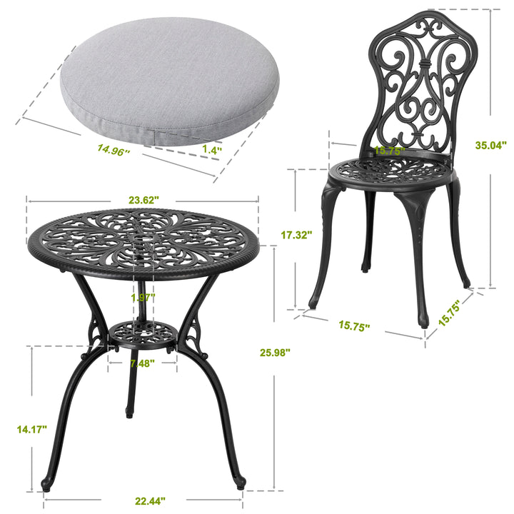 3 Pieces Patio Bistro Set with 1.4'' Thick Cushions, Outdoor Bistro Set with 2 Chairs, Round Table with Umbrella Hole, All-Weather Outdoor Patio Bistro Set for Garden, Lawn, Poolside, Porch, Black