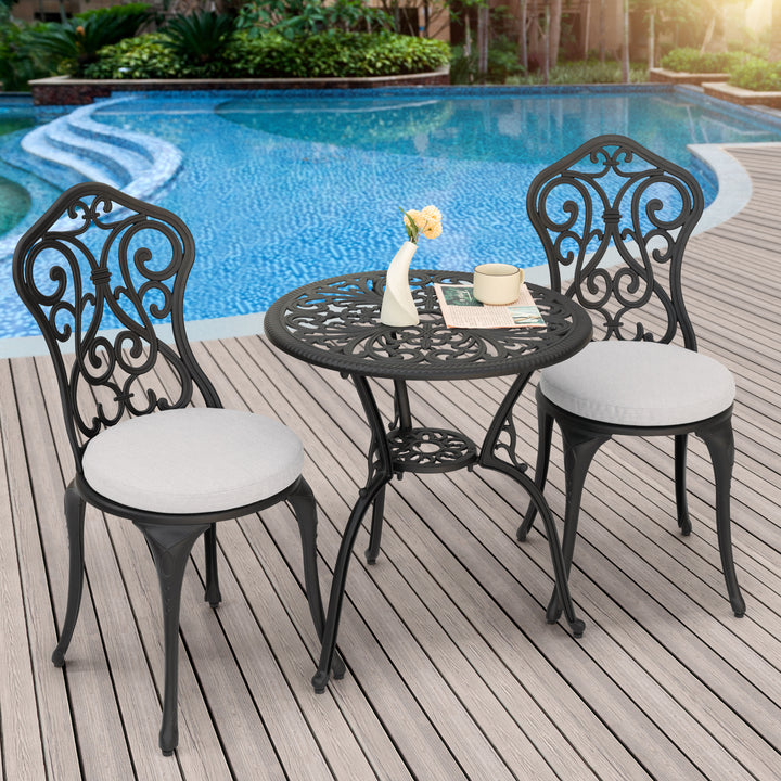 3 Pieces Patio Bistro Set with 1.4'' Thick Cushions, Outdoor Bistro Set with 2 Chairs, Round Table with Umbrella Hole, All-Weather Outdoor Patio Bistro Set for Garden, Lawn, Poolside, Porch, Black