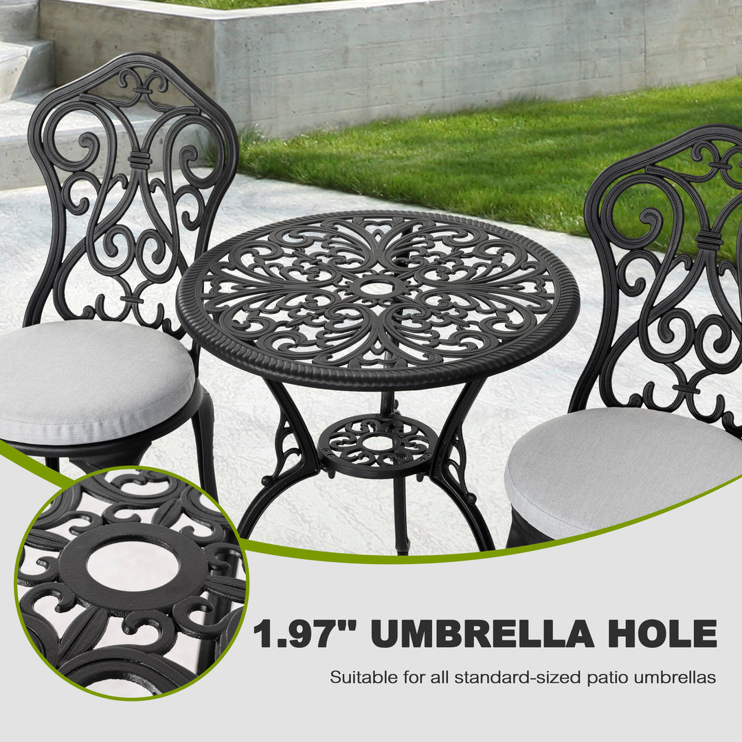 3 Pieces Patio Bistro Set with 1.4'' Thick Cushions, Outdoor Bistro Set with 2 Chairs, Round Table with Umbrella Hole, All-Weather Outdoor Patio Bistro Set for Garden, Lawn, Poolside, Porch, Black