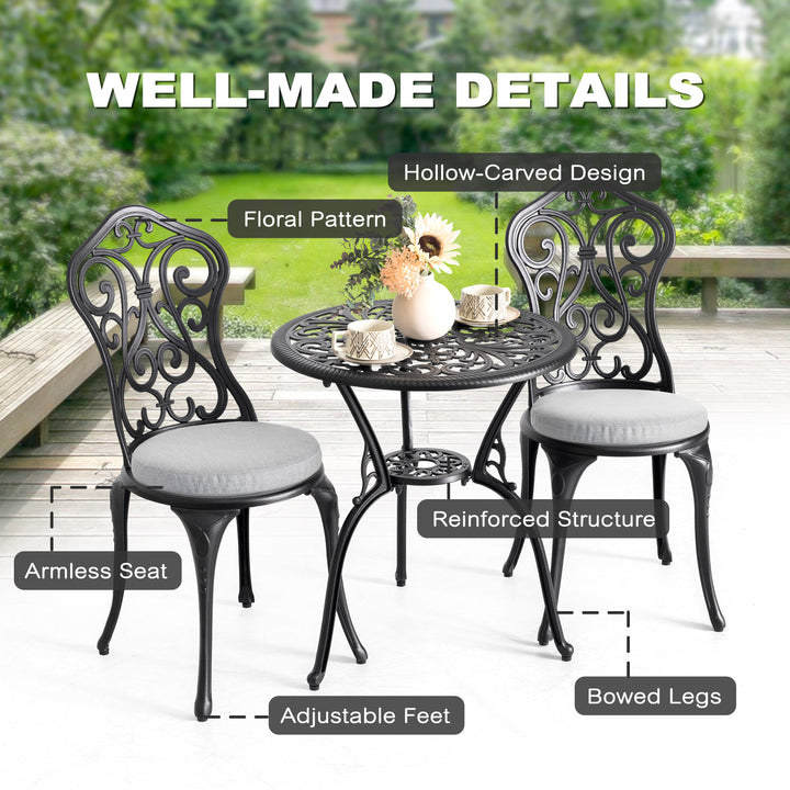 3 Pieces Patio Bistro Set with 1.4'' Thick Cushions, Outdoor Bistro Set with 2 Chairs, Round Table with Umbrella Hole, All-Weather Outdoor Patio Bistro Set for Garden, Lawn, Poolside, Porch, Black