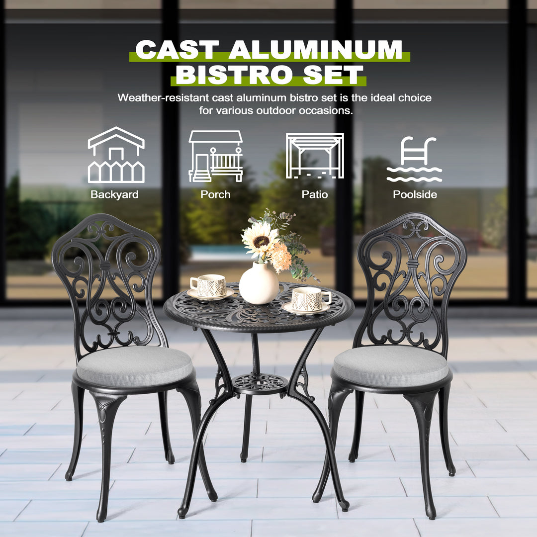 3 Pieces Patio Bistro Set with 1.4'' Thick Cushions, Outdoor Bistro Set with 2 Chairs, Round Table with Umbrella Hole, All-Weather Outdoor Patio Bistro Set for Garden, Lawn, Poolside, Porch, Black