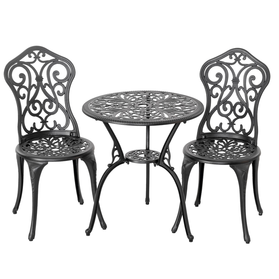 3 Piece Outdoor Bistro Set, Round Cast Aluminum Bistro Table with Umbrella Hole