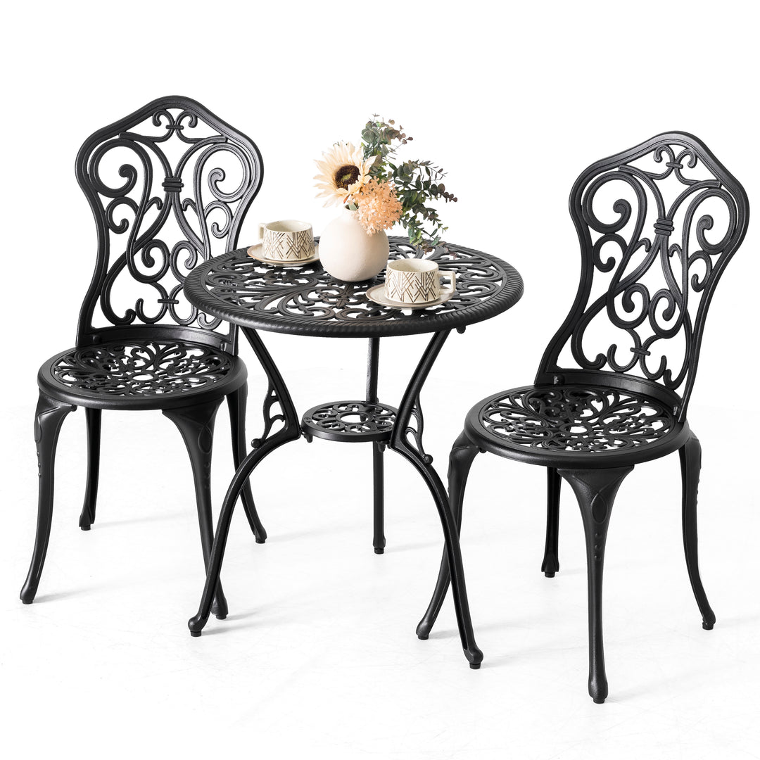 3 Piece Outdoor Bistro Set, Round Cast Aluminum Bistro Table with Umbrella Hole