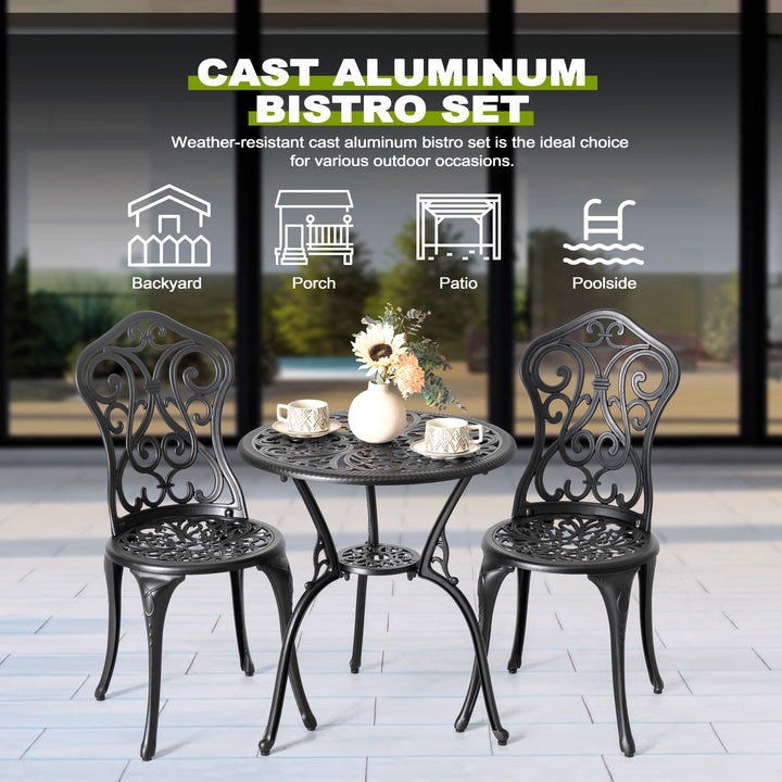 3 Piece Outdoor Bistro Set, Round Cast Aluminum Bistro Table with Umbrella Hole