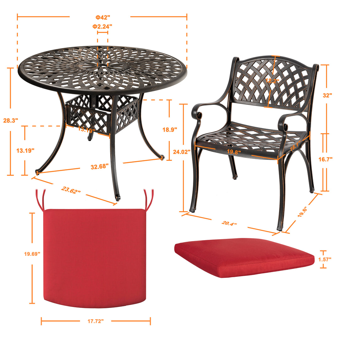 5 Pieces Outdoor Patio Cast Aluminum Dining Set with Cushions, Outdoor Conversation Furniture Set, 4 Dining Chairs, 42’’ Round Bistro Table with Umbrella Hole
