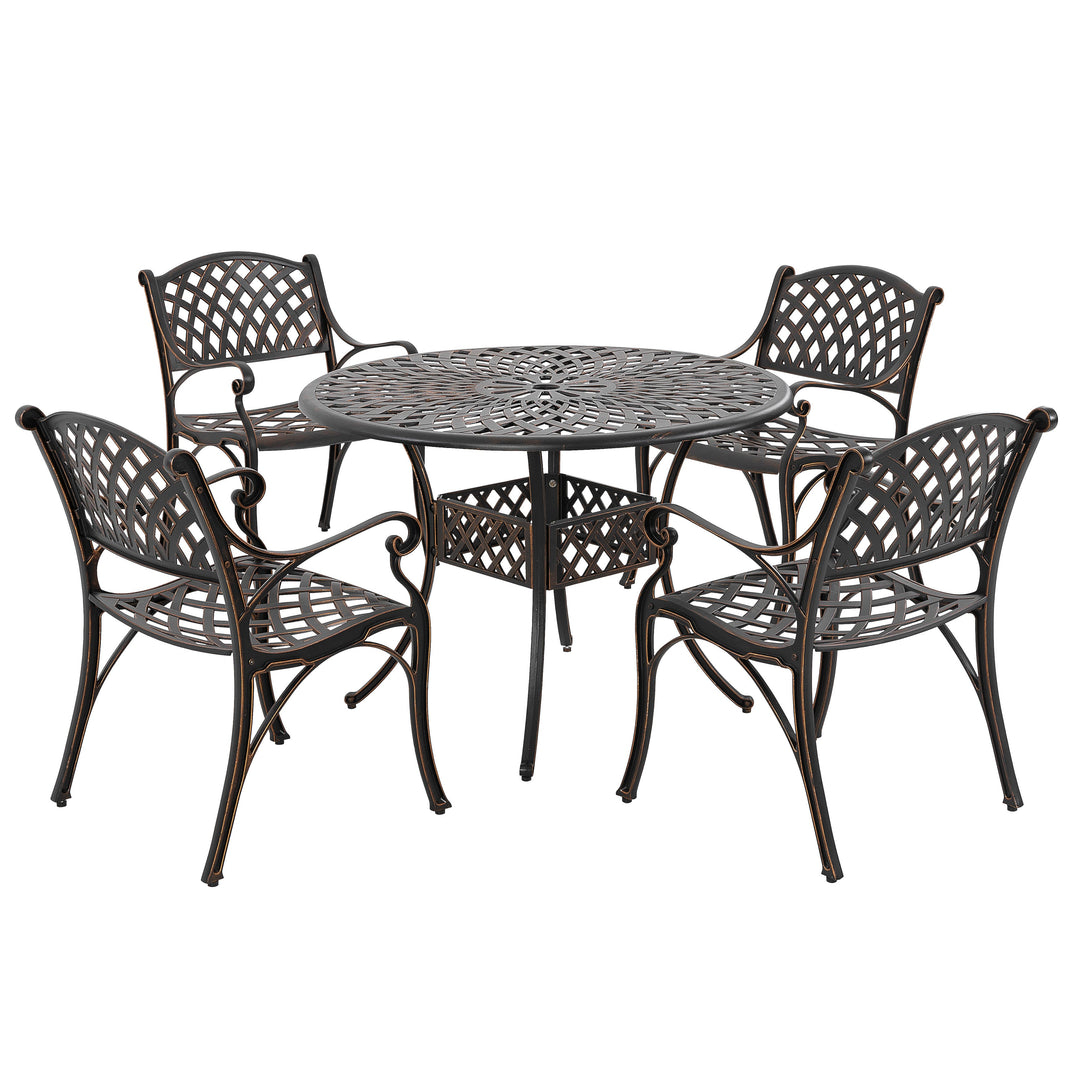 5 Pieces Outdoor Patio Cast Aluminum Dining Set with Cushions, Outdoor Conversation Furniture Set, 4 Dining Chairs, 42¡¯¡¯ Round Bistro Table with Umbrella Hole