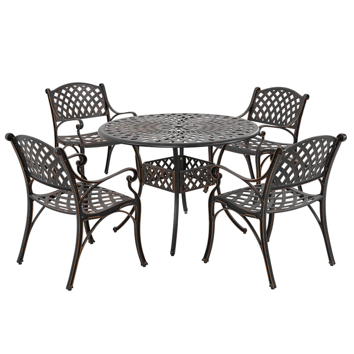 5 Pieces Outdoor Patio Cast Aluminum Dining Set with Cushions, Outdoor Conversation Furniture Set, 4 Dining Chairs, 42¡¯¡¯ Round Bistro Table with Umbrella Hole